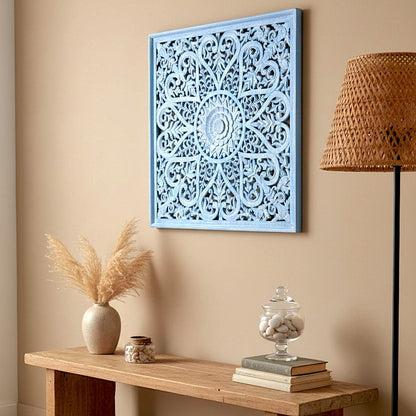 Carved Decorative Panel "Jantung" - Blue Wash - 100 cm