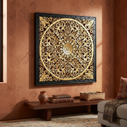 Carved Decorative Panel "Lily" - Gold and Black - 100 cm