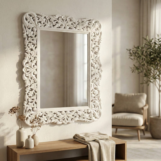 Hand Carved Mirror "Medewi" - White - 90 cm