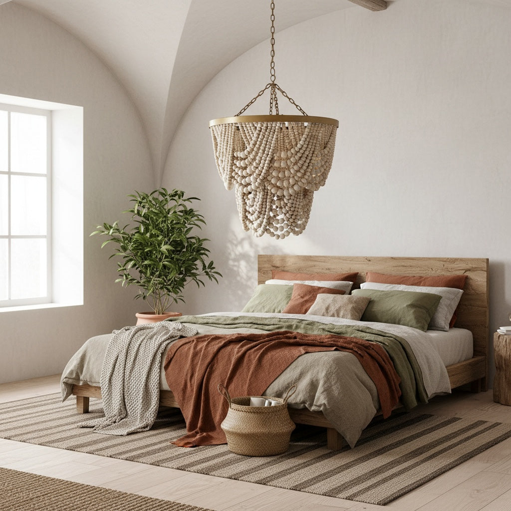 Wooden beads chandelier 'Menari' - Natural