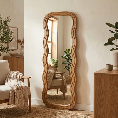 Wooden Wavy Mirror 'Asri' - Natural -  170 x 60 cm