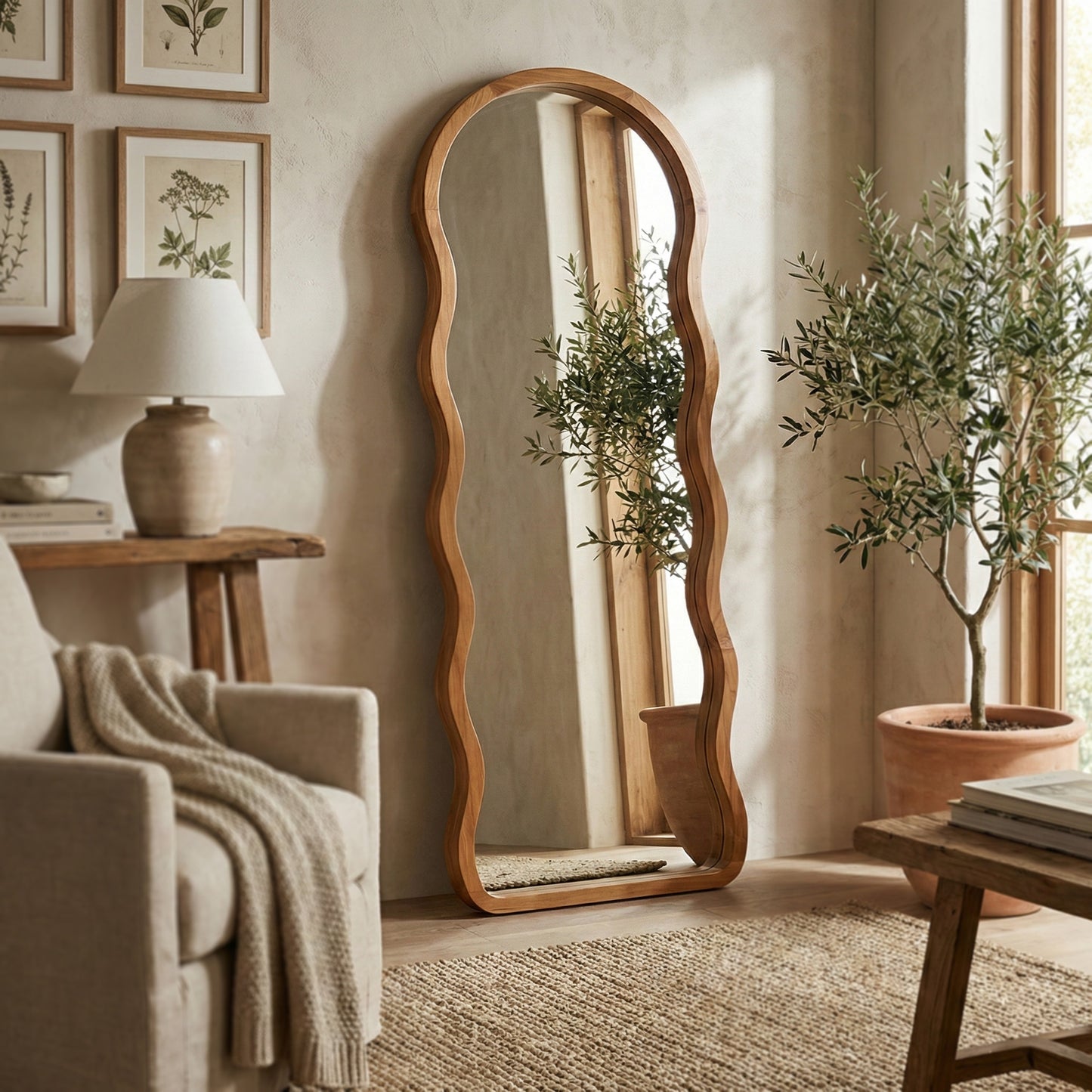 Wooden Wavy Mirror 'Lini' - Natural -  170 x 60 cm
