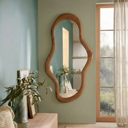 Wooden Organic Wavy Mirror 'Pagi' - Natural -  110 x 50 cm