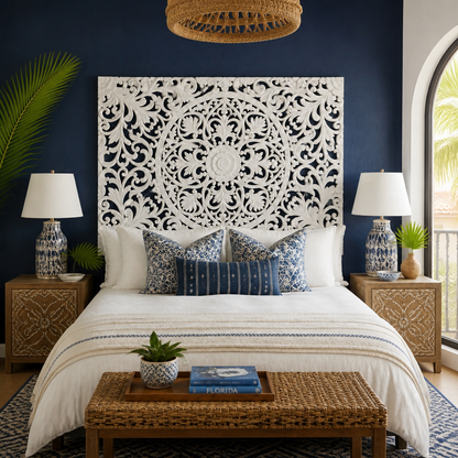 Carved Bed Headboard "Murraya" - White Wash
