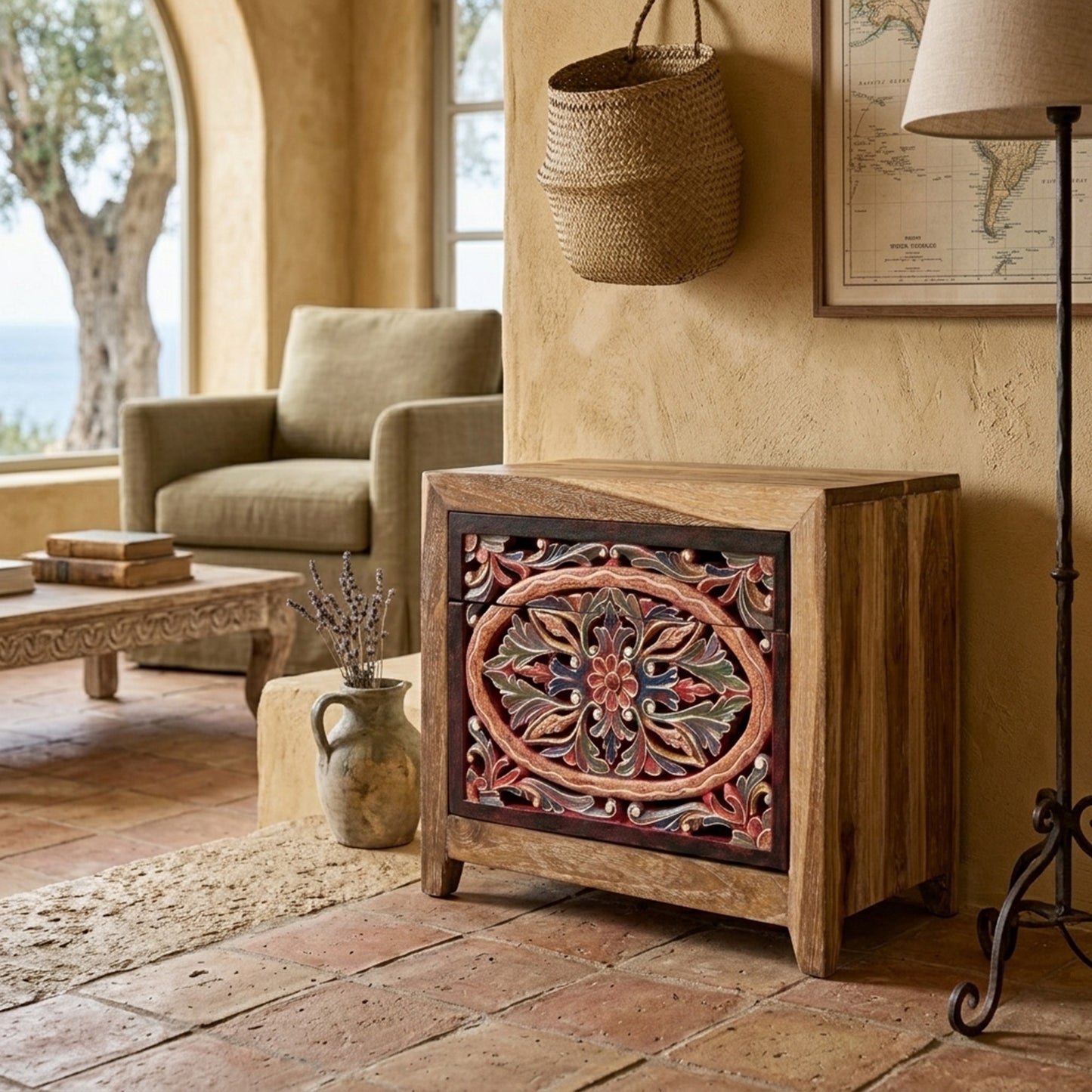 Wooden Carved Bedside Table 'Sekar' - Natural and Multicolor Red - 50cm