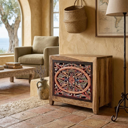 Wooden Carved Bedside Table 'Sekar' - Natural and Multicolor Red - 50cm