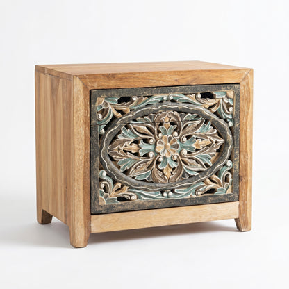 Wooden Carved Bedside Table 'Sekar' - Natural and Multicolor Blue - 50cm