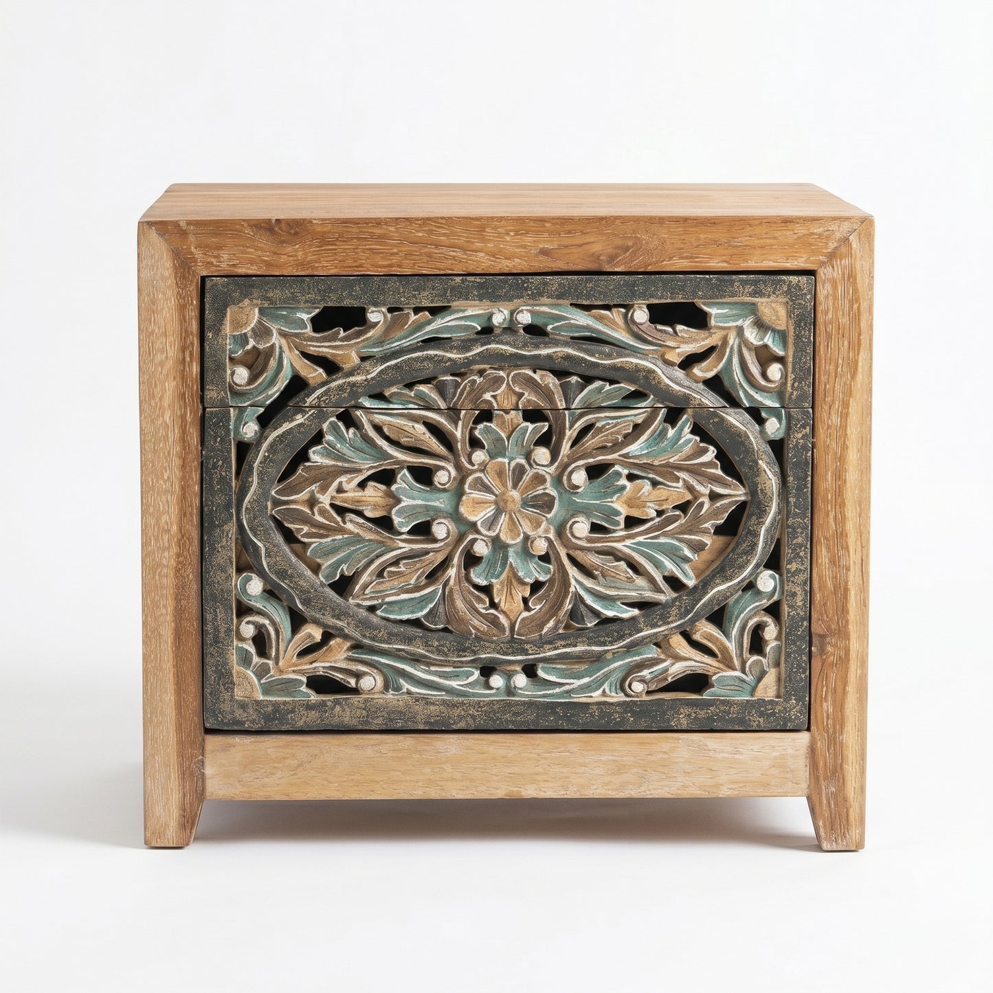 Wooden Carved Bedside Table 'Sekar' - Natural and Multicolor Blue - 50cm