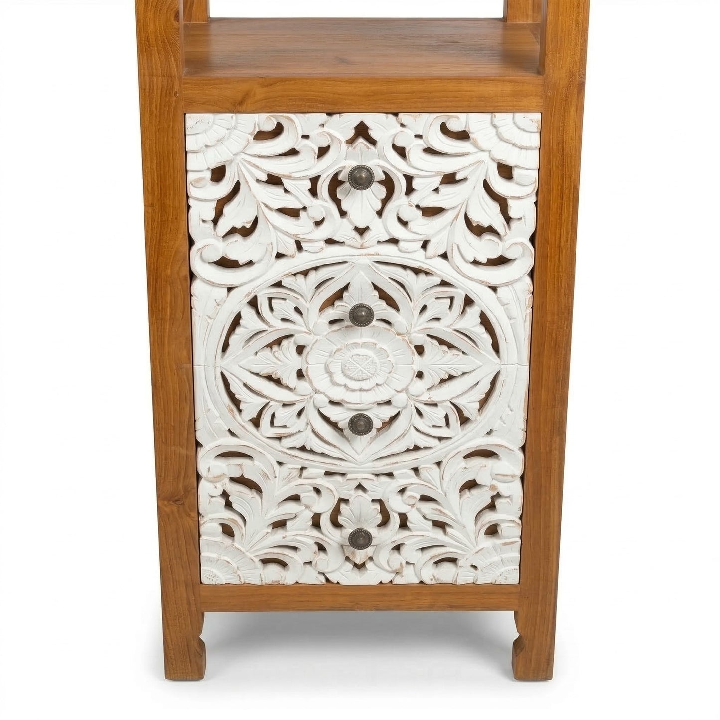 Teak Wood Hand-Carved Tall Display Shelf Cabinet with Drawers 'Mahesa' – 180 cm - Natural & White