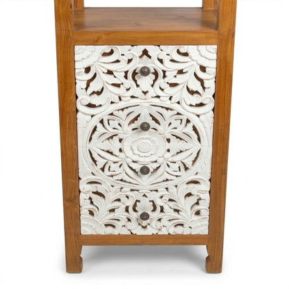 Teak Wood Hand-Carved Tall Display Shelf Cabinet with Drawers 'Mahesa' – 180 cm - Natural & White