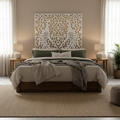 Carved Bed Headboard "Peacock" - White