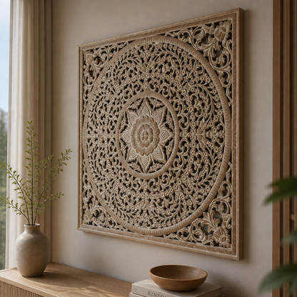 Carved Decorative Panel "Peony" - Antic Wash - 110 x 110 cm