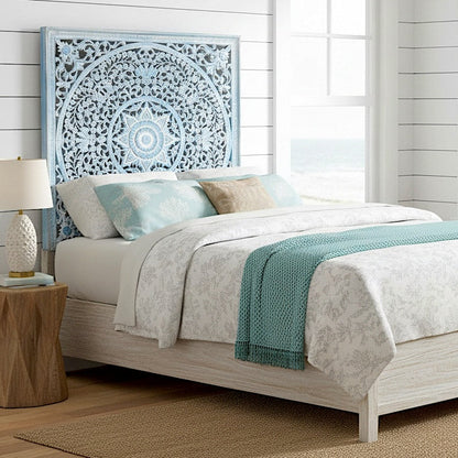 Carved Bed Headboard "Peony" in Light Blue Wash