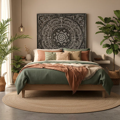 Carved Full Bed Headboard "Peony" - Monochrome