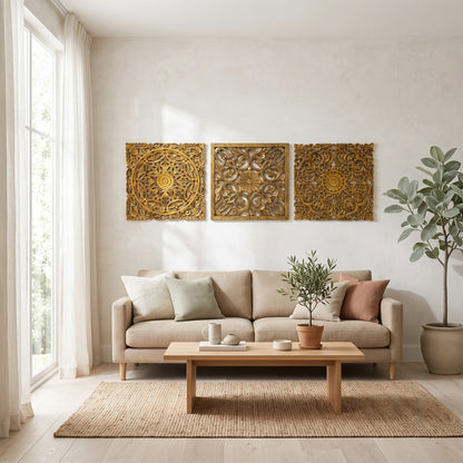 Set of 3 Decorative Panels "Pererenan" - Gold - 50 cm
