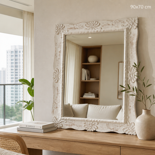 Hand Carved Mirror "Pertiwi" - White Wash - 90  cm