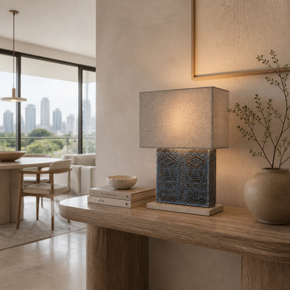 Carved Table Lamp “Rêve” – Blue Wash