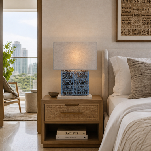 Carved Table Lamp “Rêve” – Blue Wash