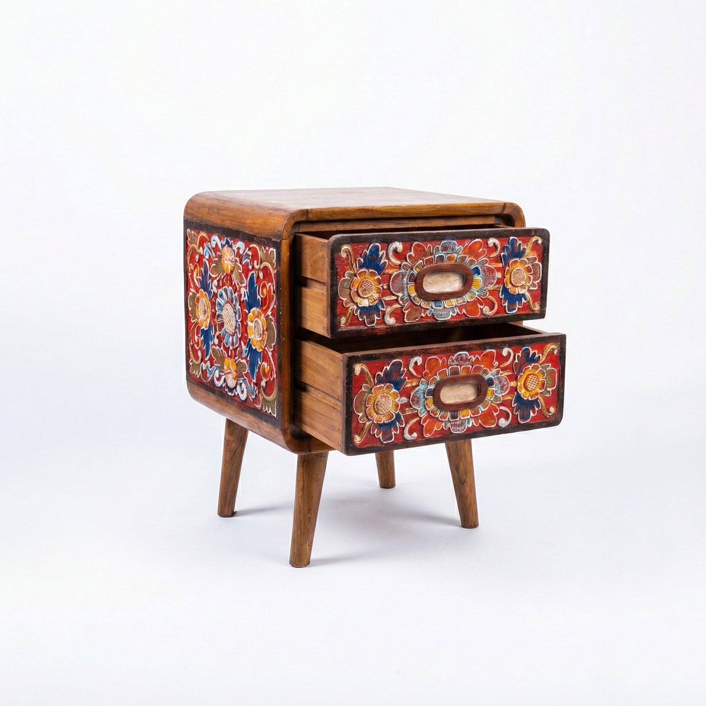Wooden Carved Bedside Table 'Santi' - Natural and Multicolor Red - 50cm