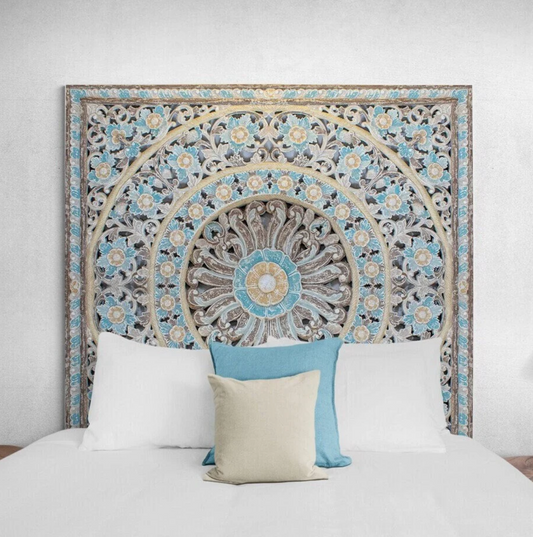 Balinese Carved Mandala Bed Headboard Dianna Blue - Export