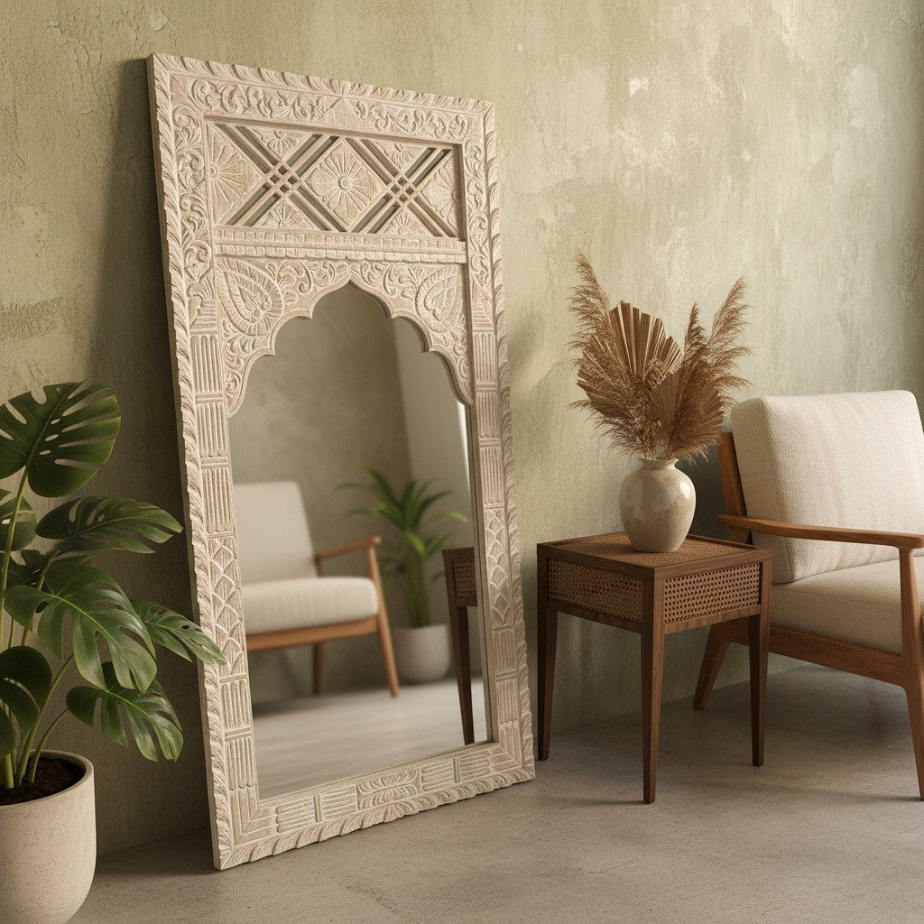 Hand Carved Wooden Mirror 'Sekarupa' - White Wash - 180 x 90 cm