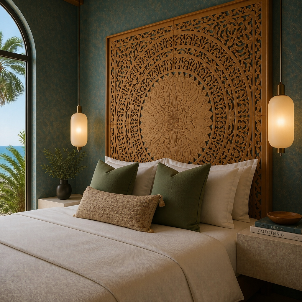 Carved Full Bed Headboard "Seruni" in Natural Brown