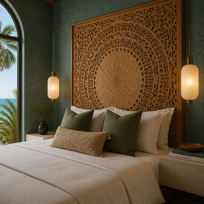 Carved Full Bed Headboard "Seruni" in Natural Brown
