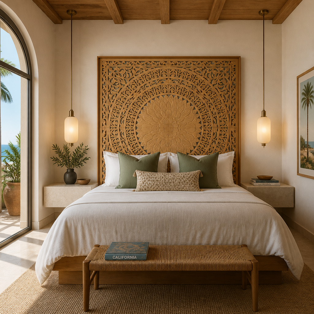 Carved Full Bed Headboard "Seruni" in Natural Brown