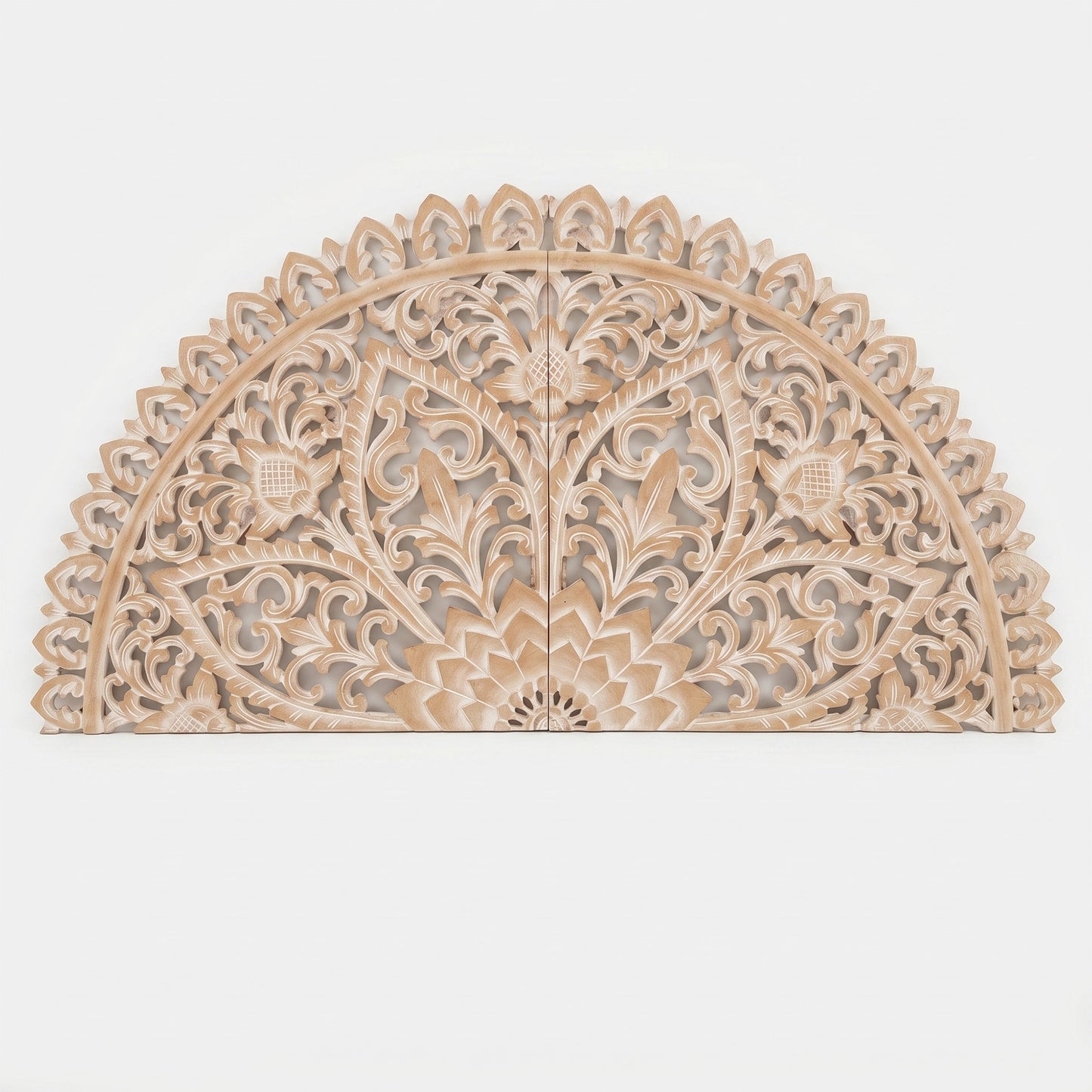 Hand Carved Half-moon Mandala Bed headboard 'Serupa' in Antic Wash