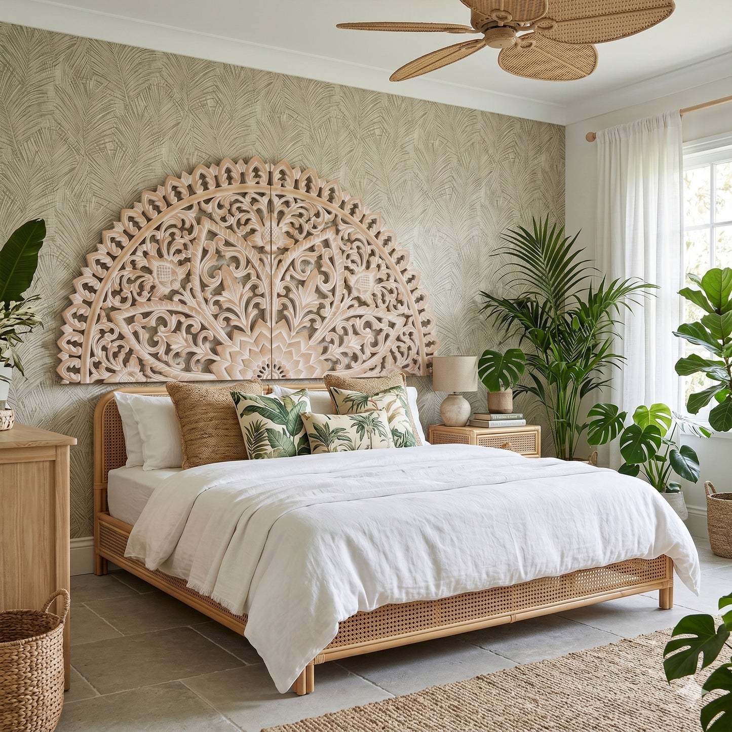 Hand Carved Half-moon Mandala Bed headboard 'Serupa' in Antic Wash