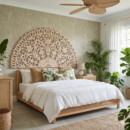 Hand Carved Half-moon Mandala Bed headboard 'Serupa' in Antic Wash