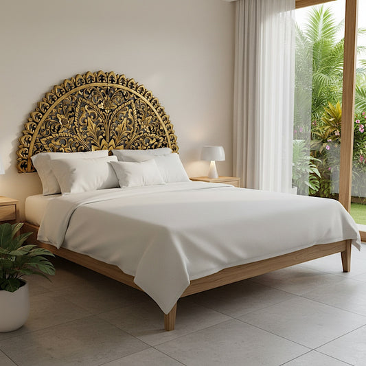 Hand Carved Half-moon Mandala Bed Headboard - 'Serupa' in Gold Antique