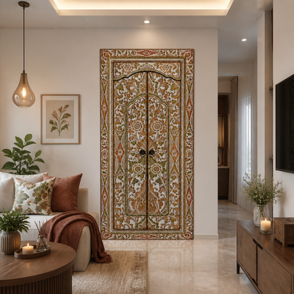 Teak Wooden Hand Carved Balinese Door 'Seseh' in Antique Gold Antique Wash - 210 x 100 cm