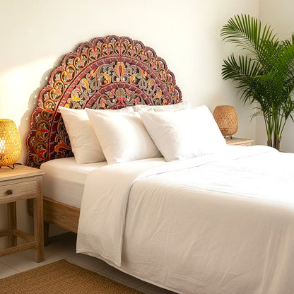 Hand Carved Half-moon Mandala Bed headboard - 'Sri' in Multi Color Red