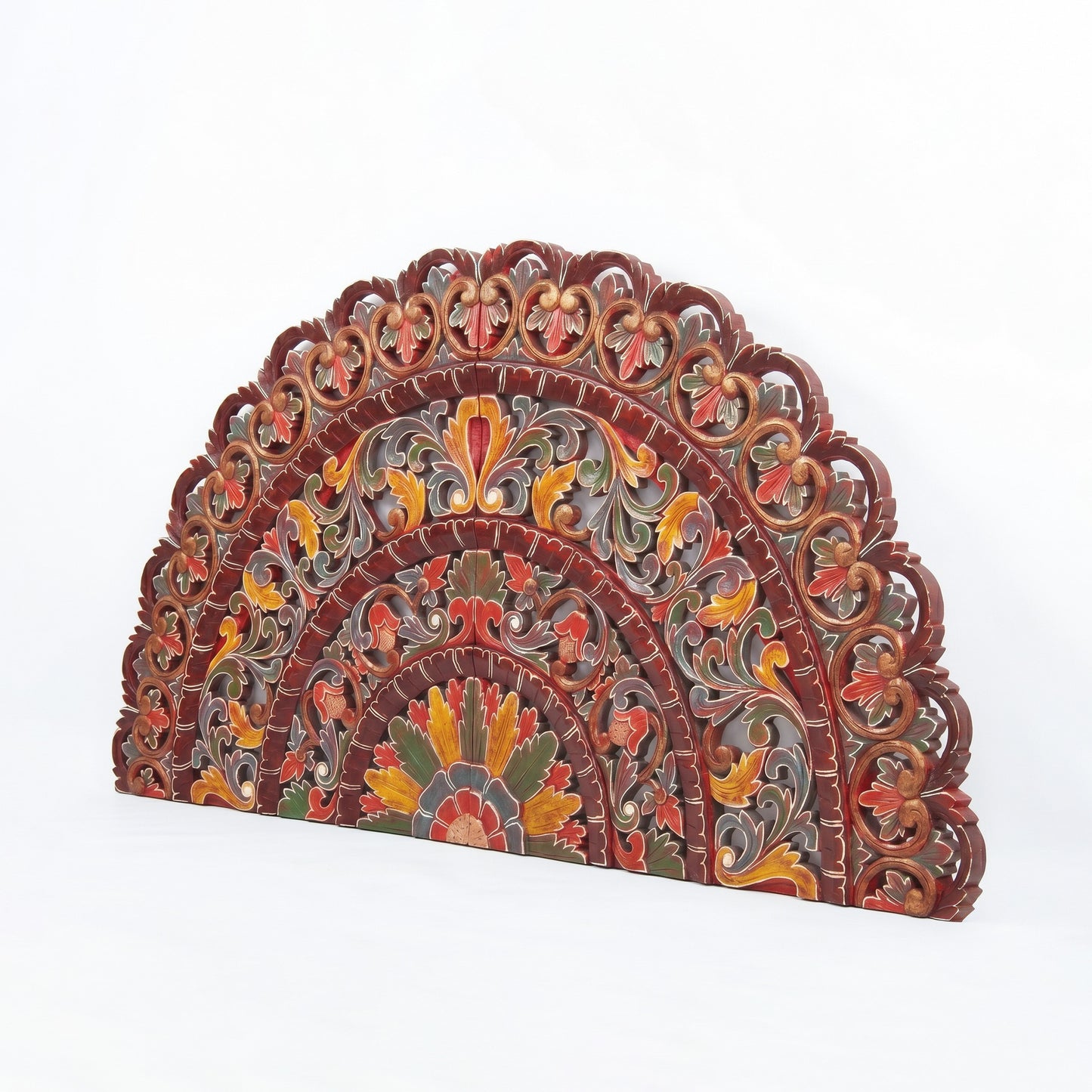 Hand Carved Half-moon Mandala Bed headboard - 'Sri' in Multi Color Red
