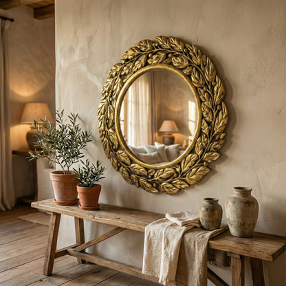 Hand Carved Mirror "Surya" in Gold Wash - 70 cm