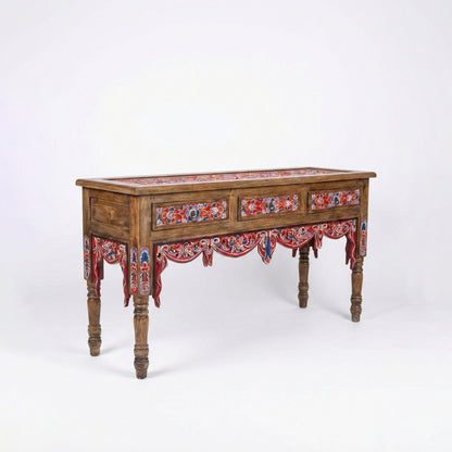 Wooden Carved Console Table "Srikandi" - Red & Blue Wash - 150 cm