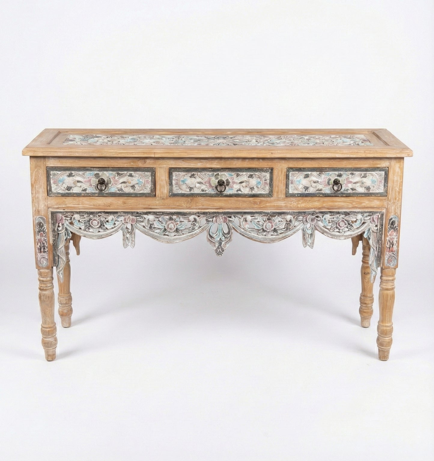 Wooden Carved Console Table "Srikandi" - Blue & White Wash - 150 cm