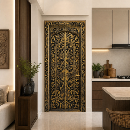 Teak Wooden Hand Carved Balinese Door 'Gianyar' in Black Gold Antique Wash - 210 x 100 cm