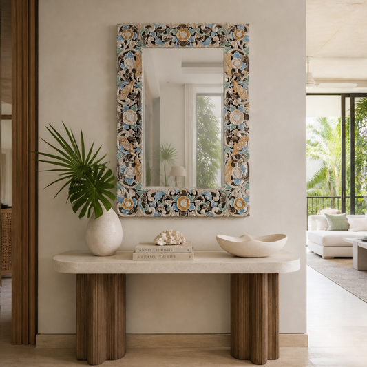 Hand Carved Mirror "Pushpa" - Blue Multicolor - 120 x 80 cm