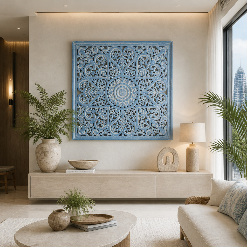Carved Decorative Panel "Jantung" - Blue Wash - 100 cm