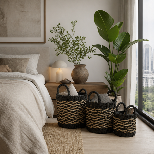 Set of 3 Baskets 'Papua' - Black & Natural