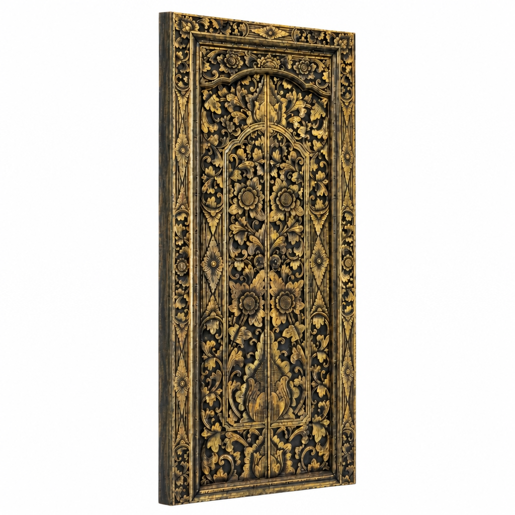 Teak Wooden Hand Carved Balinese Door 'Gianyar' in Black Gold Antique Wash - 210 x 100 cm