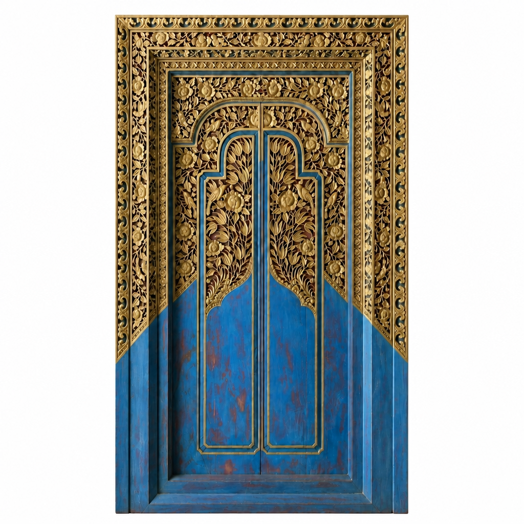 Teak Wooden Hand Carved Door 'Mengwi' in Blue & Gold - 220 x 110 cm