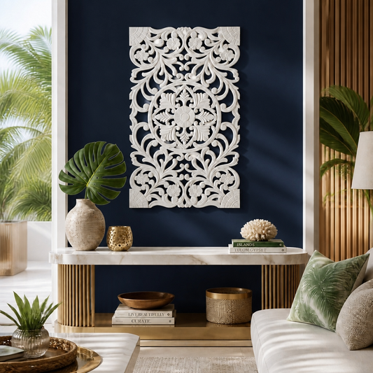 Carved Decorative Panel "Azalea" - White - 100 x 60 cm