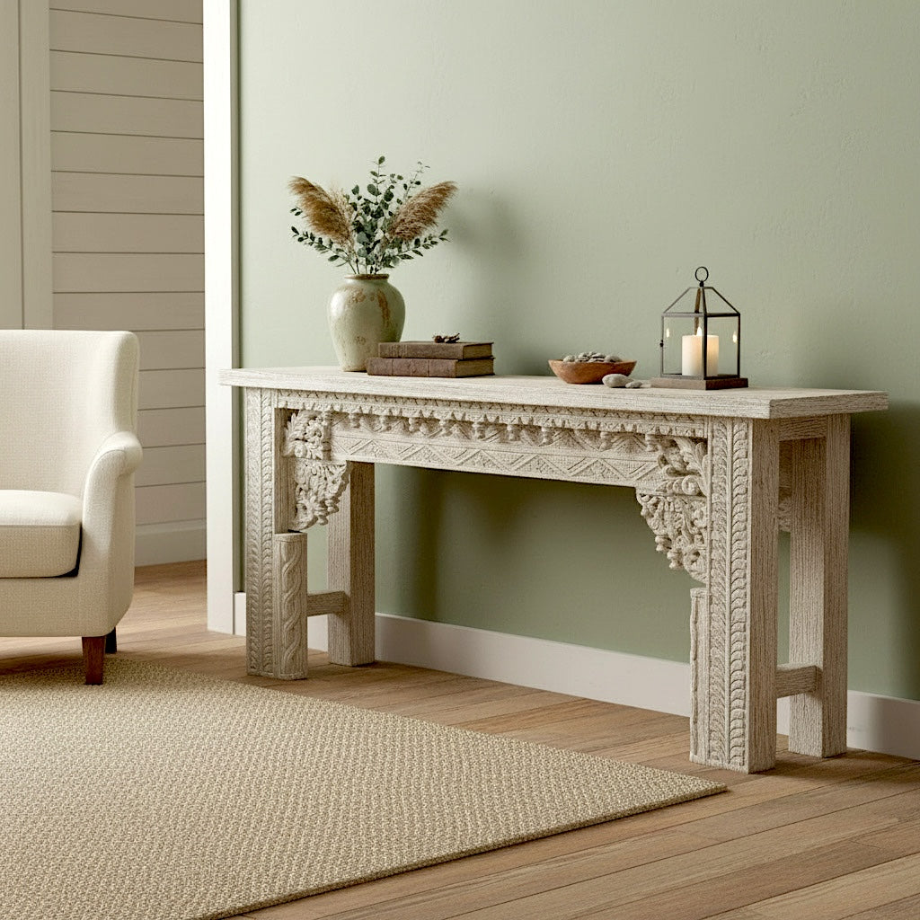 Wooden Carved Console Table "Nia" - White Wash - 140 cm