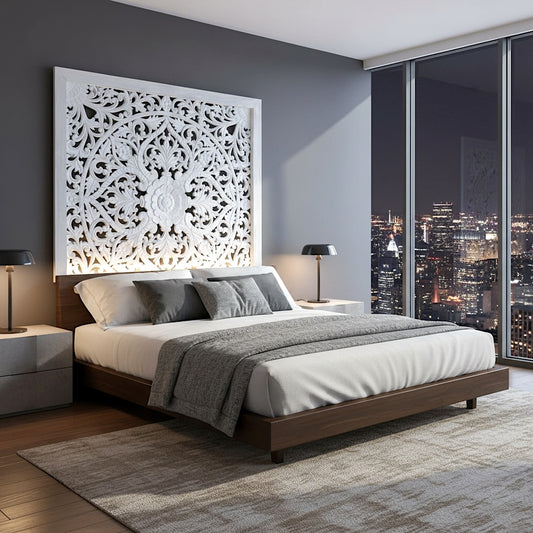 Carved Bed Headboard "Teratai" - White