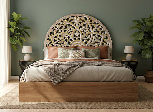 Hand Carved Half-moon Bed headboard 'Bunga' - in Antique Gold