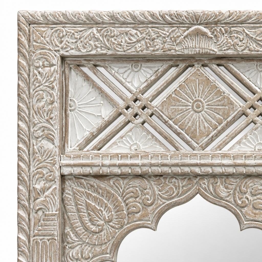Hand Carved Wooden Mirror 'Sekarupa' - White Wash - 180 x 90 cm