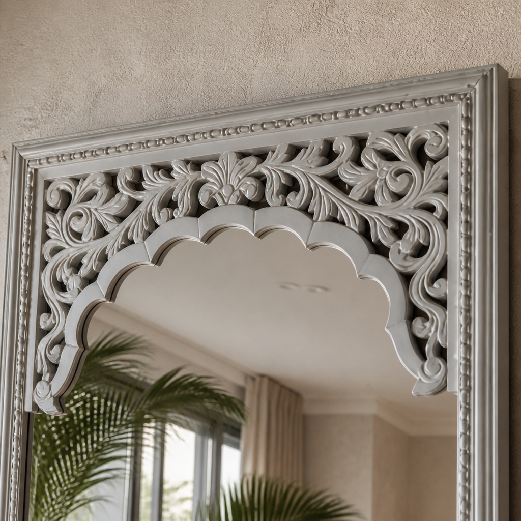 Hand Carved Mirror "Cahaya" - White - 180 x 80 cm